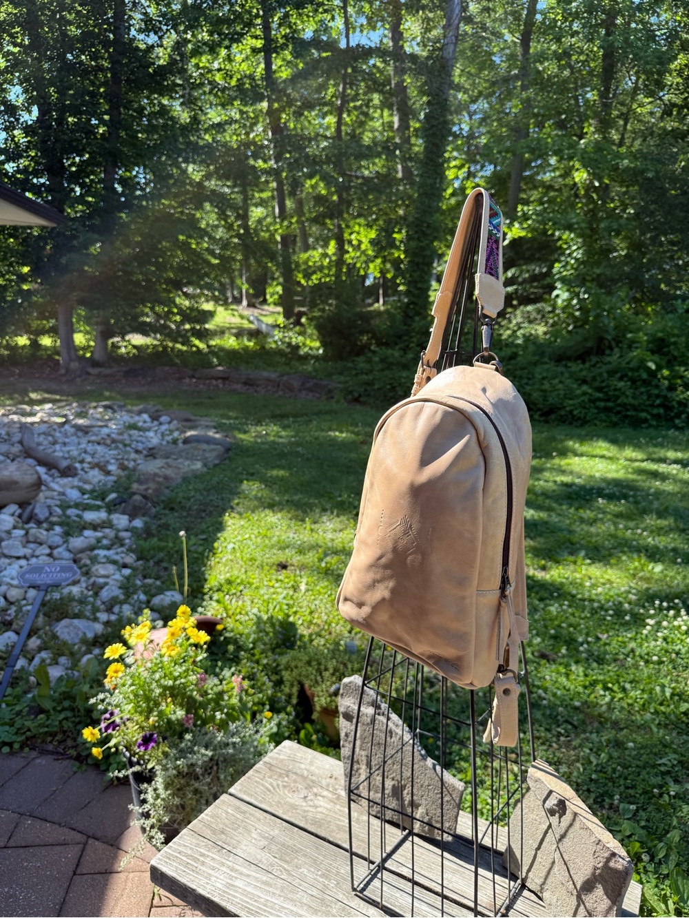 Nena & Co. Bone/Tan color Backpack with Patterned Strap (with dust cover)